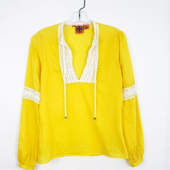 Tory Burch Bailey Top Yellow Crochet Shirt Size 4 Embellished Blouse, Detail Tie - Picture 1 of 5